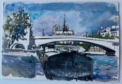 Catedral de Notre Dame París Río Sena Barcos Acuarela francesa de Pierre Neveu