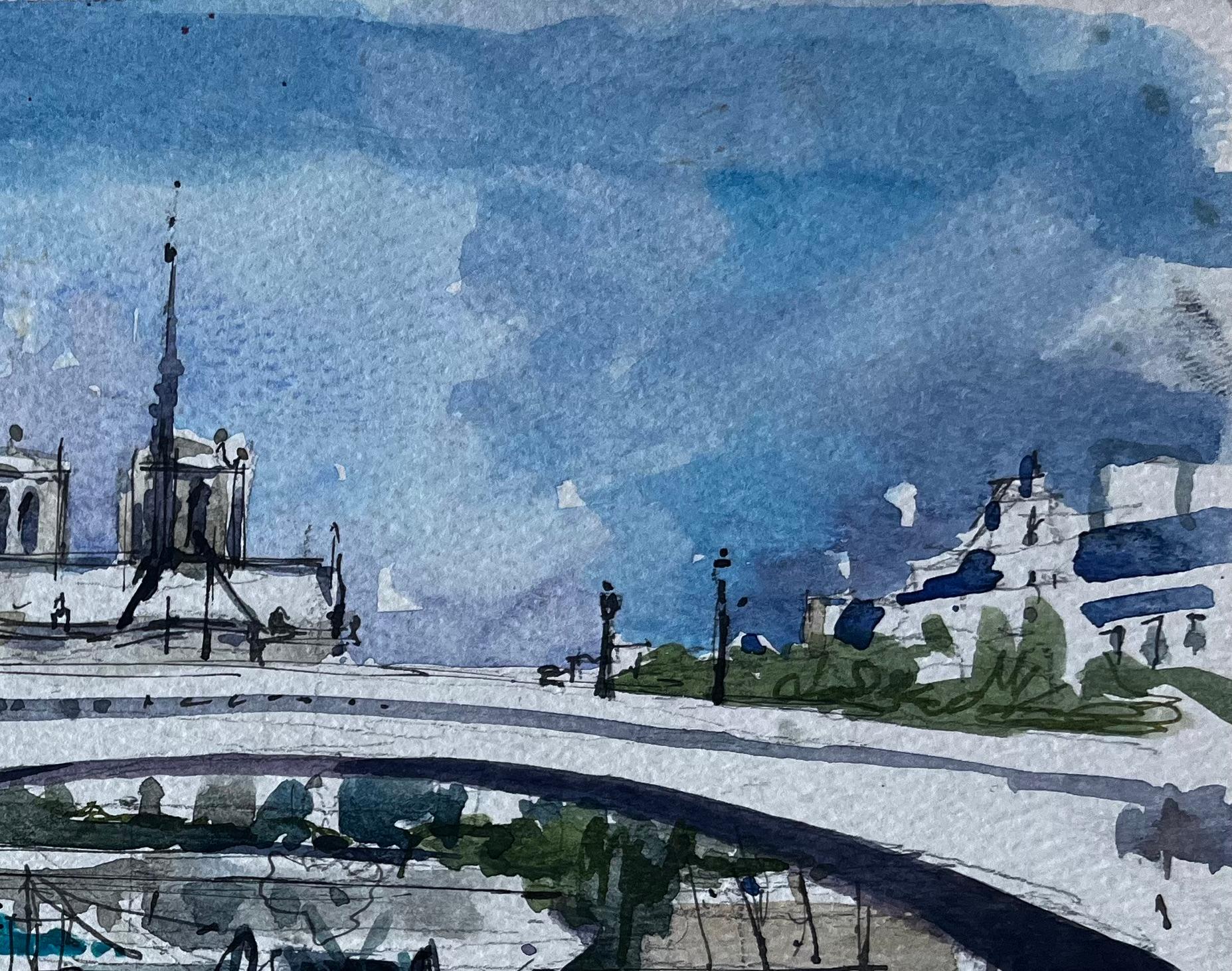 Cattedrale di Notre Dame Parigi Fiume Senna Barche Acquerello francese di Pierre Neveu in vendita 3