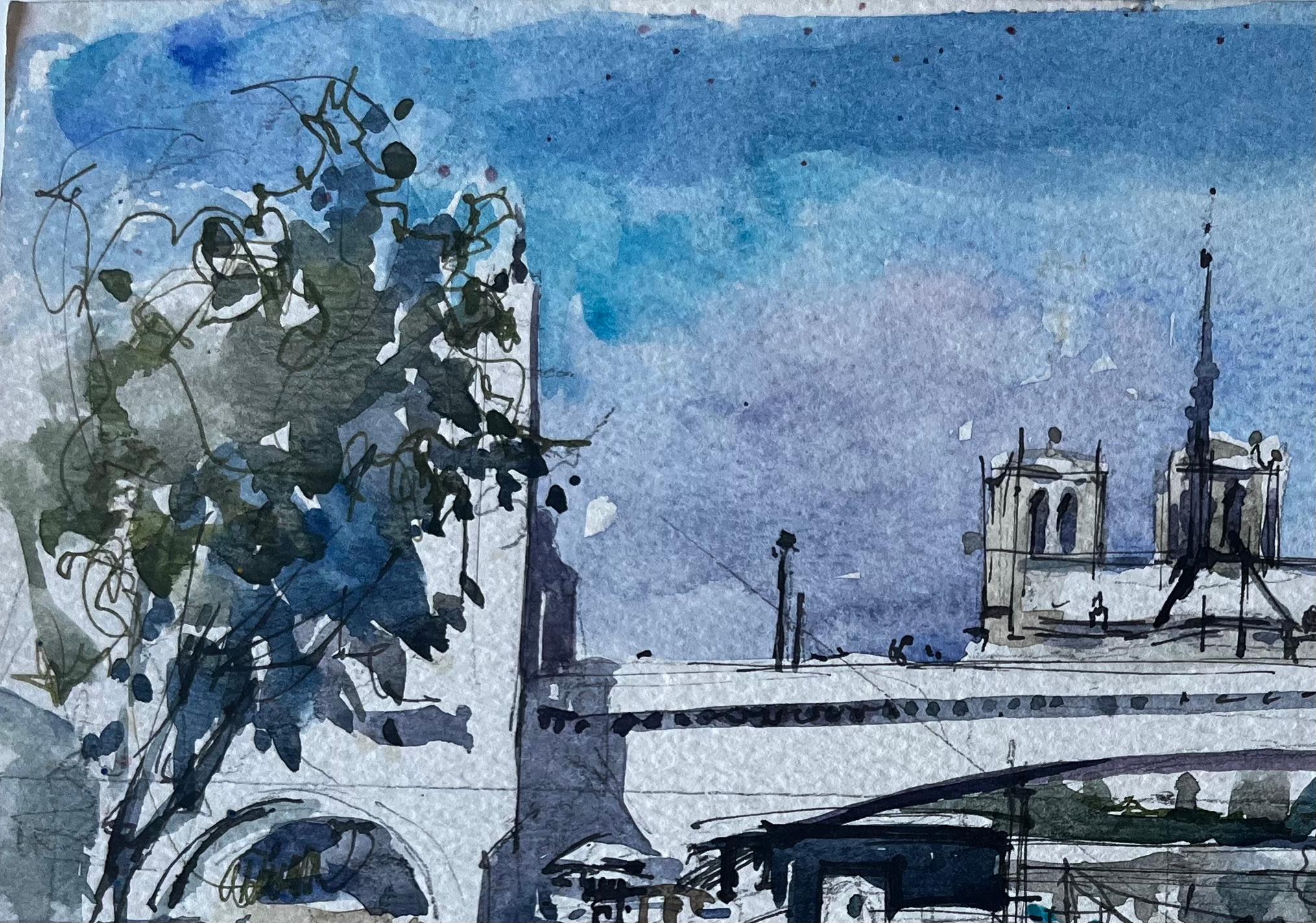 Cattedrale di Notre Dame Parigi Fiume Senna Barche Acquerello francese di Pierre Neveu in vendita 2