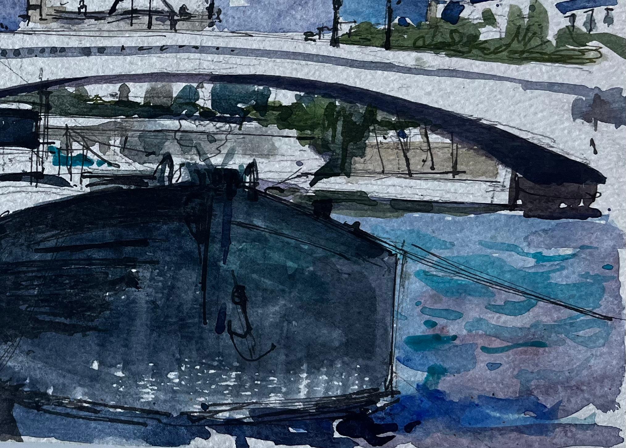 Cattedrale di Notre Dame Parigi Fiume Senna Barche Acquerello francese di Pierre Neveu in vendita 4