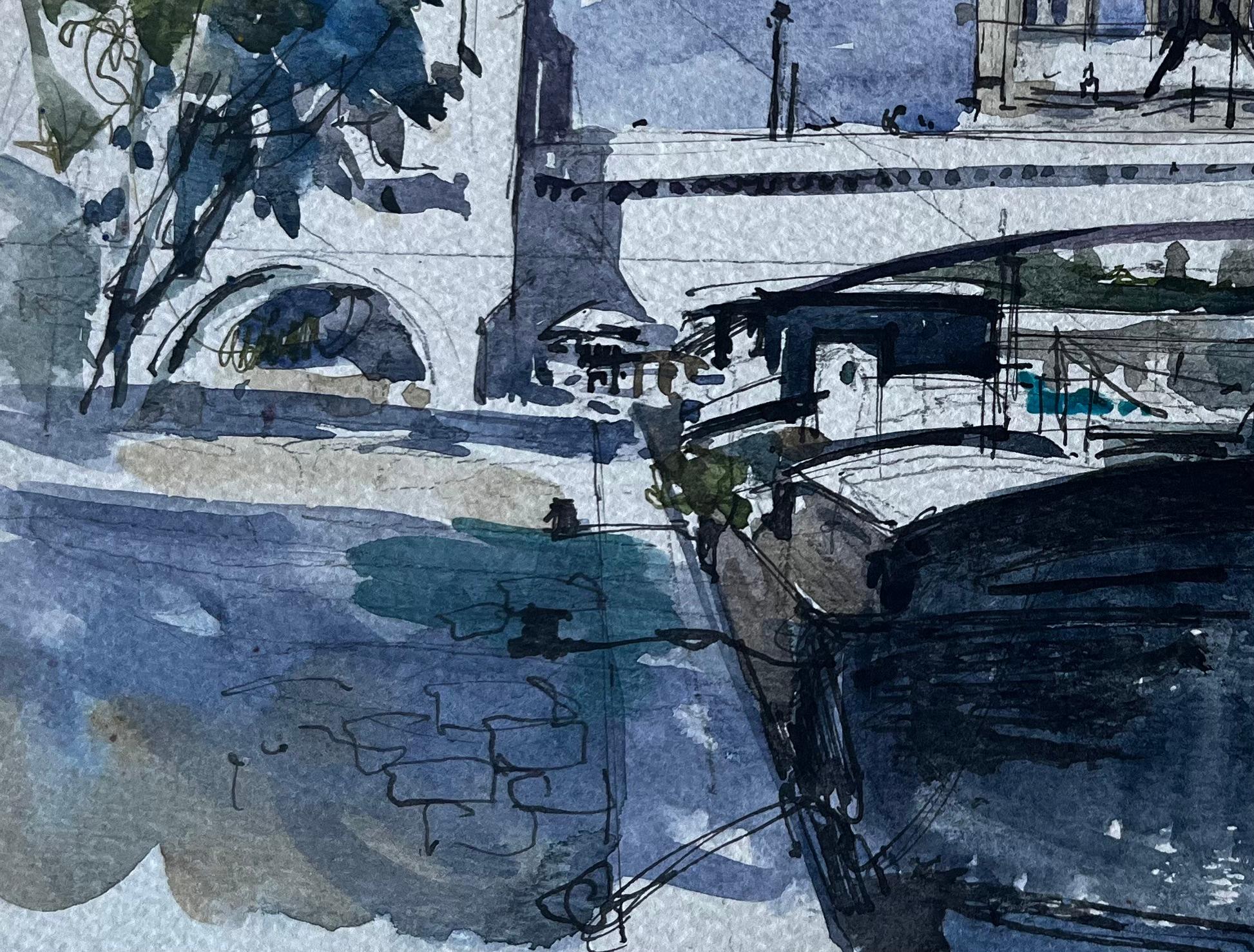 Cattedrale di Notre Dame Parigi Fiume Senna Barche Acquerello francese di Pierre Neveu in vendita 5