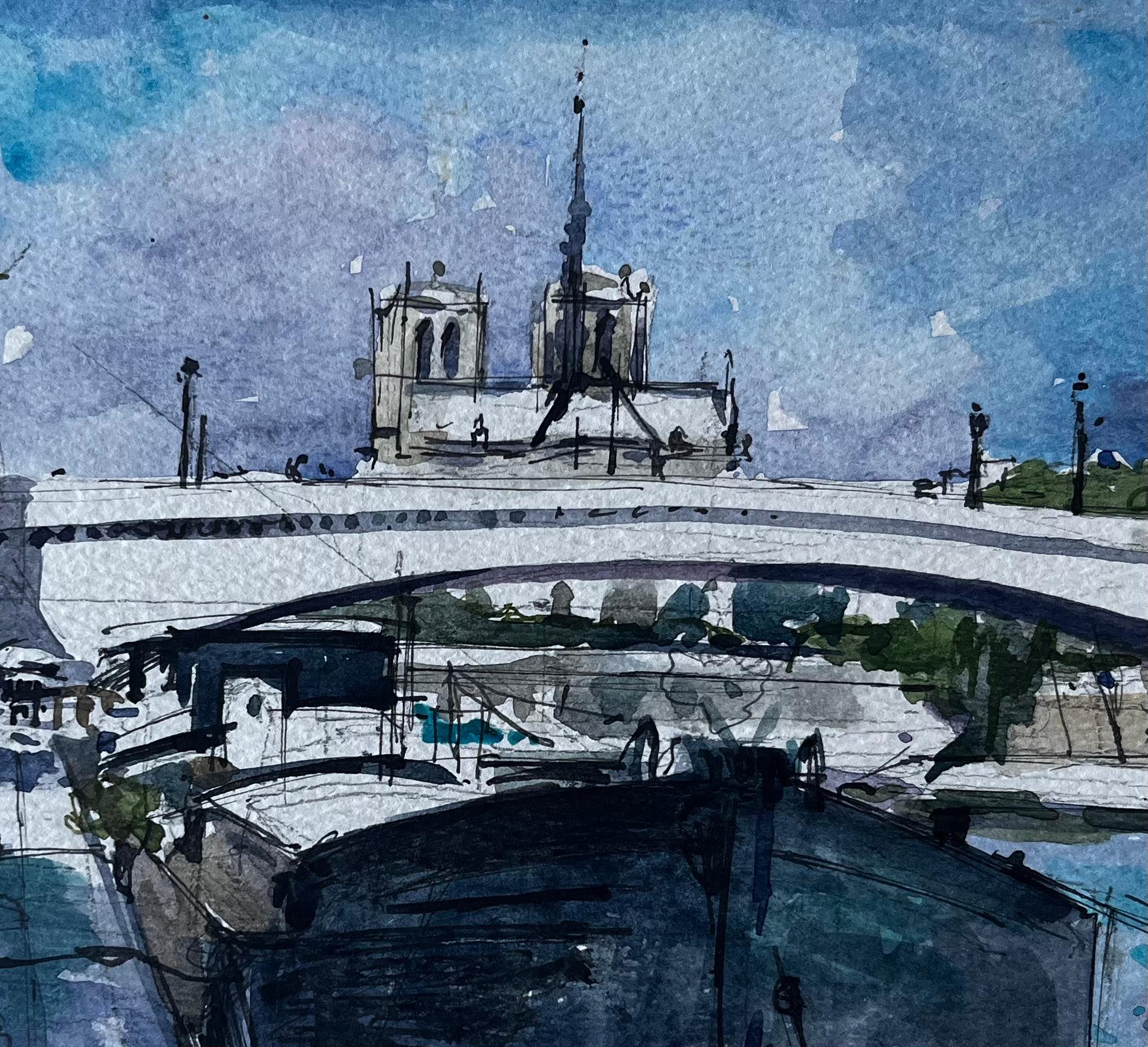 Cattedrale di Notre Dame Parigi Fiume Senna Barche Acquerello francese di Pierre Neveu in vendita 6