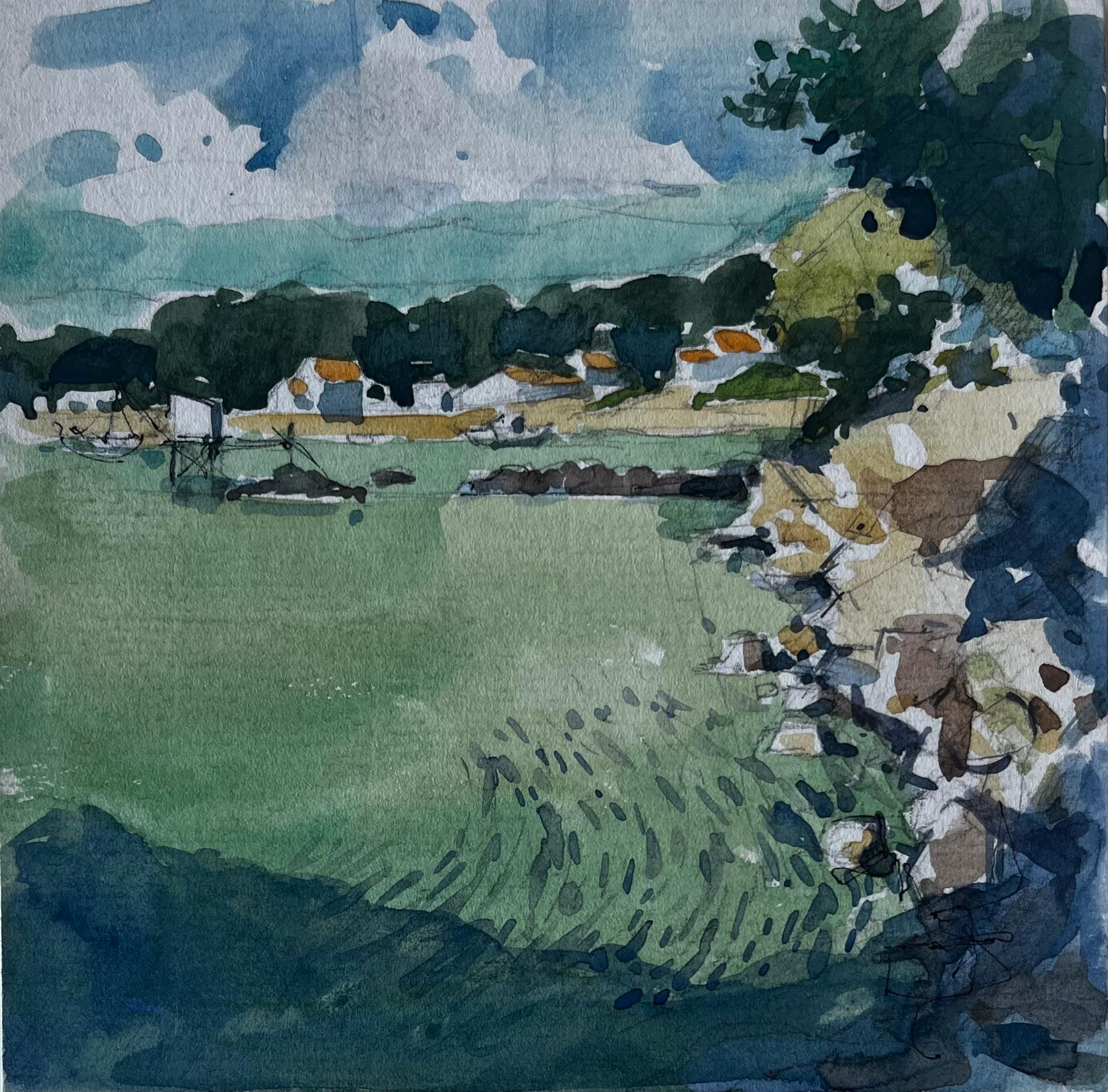 Le Pontreau Französische Küstenlandschaft Aquarell Seeszene von Pierre Neveu