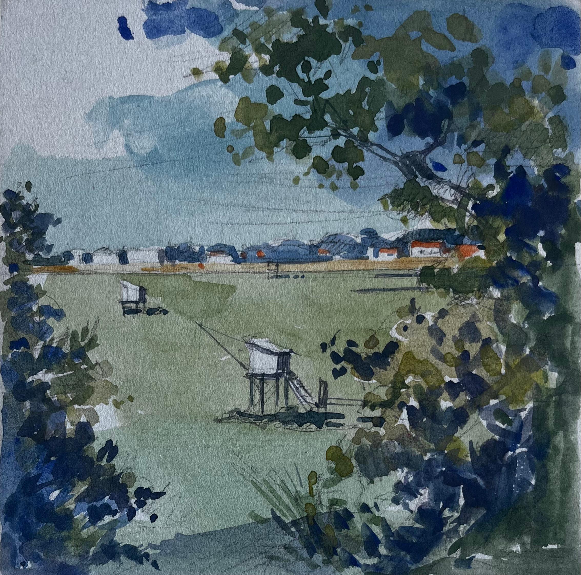 Le Pontreau Cabañas de pescadores de la costa francesa Escena marítima en acuarela