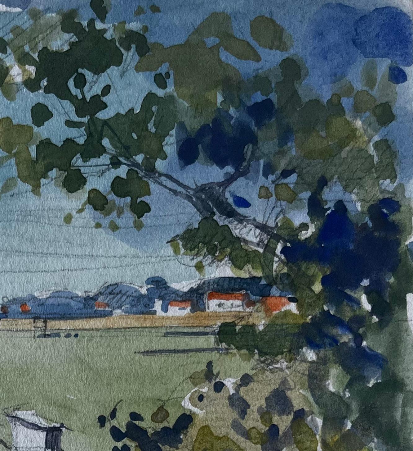 Le Pontreau Côte française Cabanes de pêche aquarelle Scène maritime - Post-impressionnisme Painting par Pierre Neveu