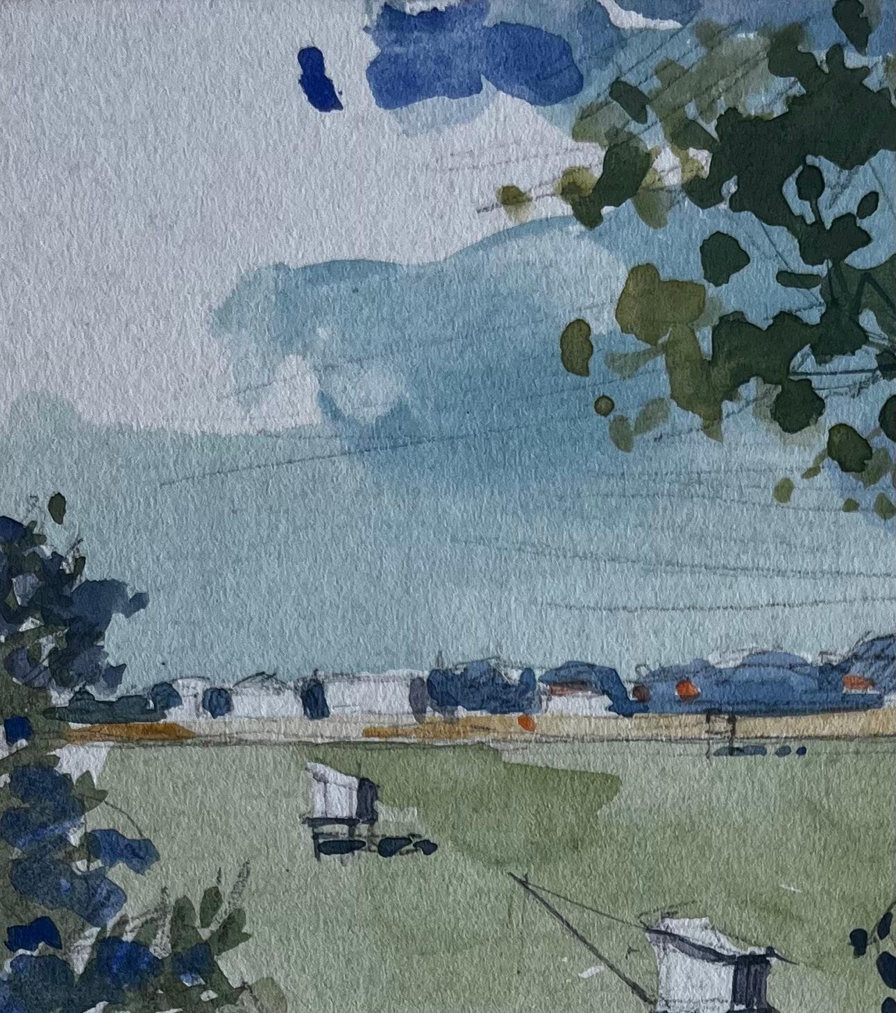 Le Pontreau Côte française Cabanes de pêche aquarelle Scène maritime - Gris Landscape Painting par Pierre Neveu