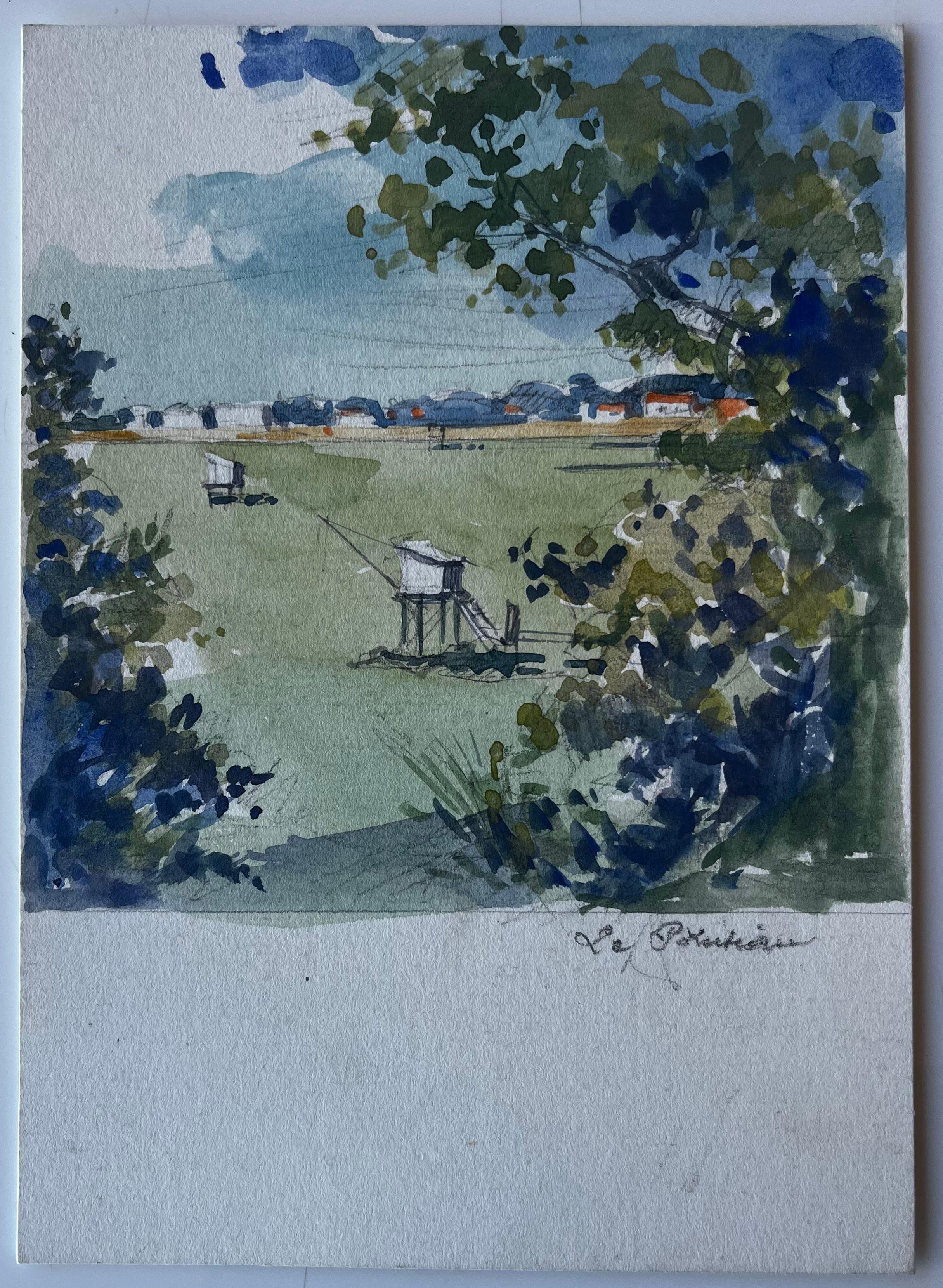 Le Pontreau Côte française Cabanes de pêche aquarelle Scène maritime - Painting de Pierre Neveu