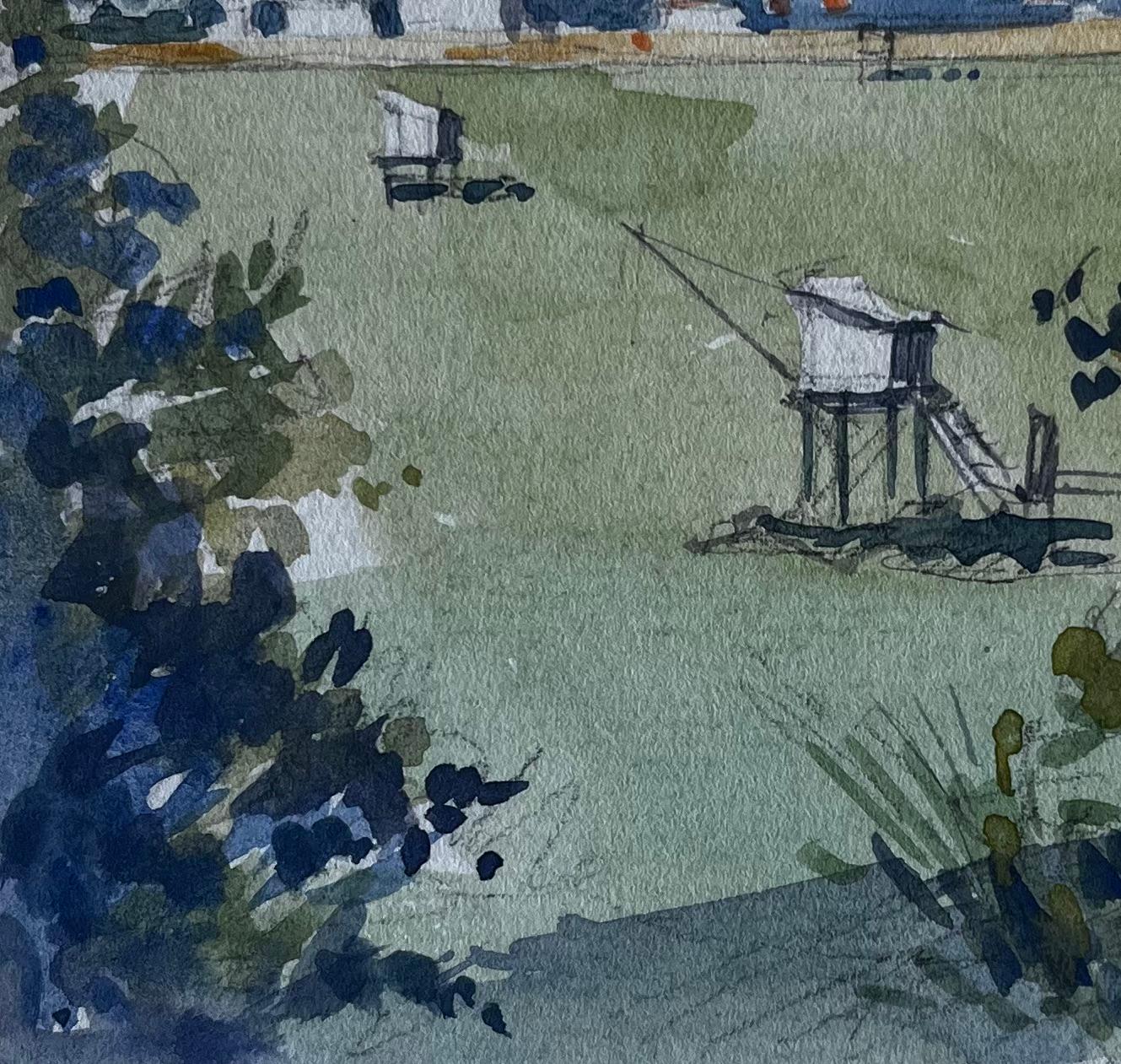 Le Pontreau Côte française Cabanes de pêche aquarelle Scène maritime en vente 1