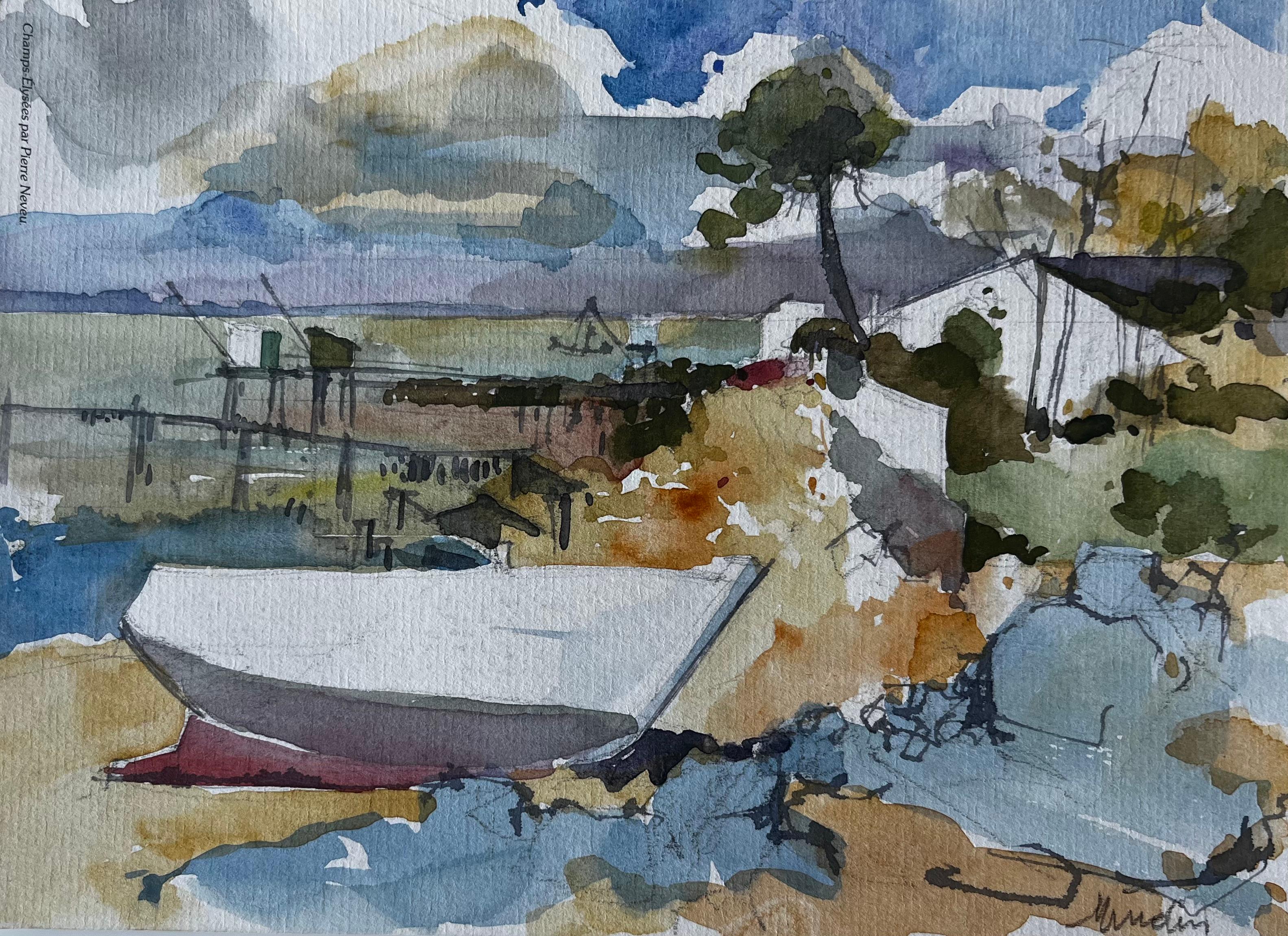 Escena del Estuario de Mindin con Barco y Carrelets Acuarela Costera Francesa