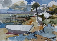 Mindin Scena di estuario con barca e carretti Acquerello costiero francese