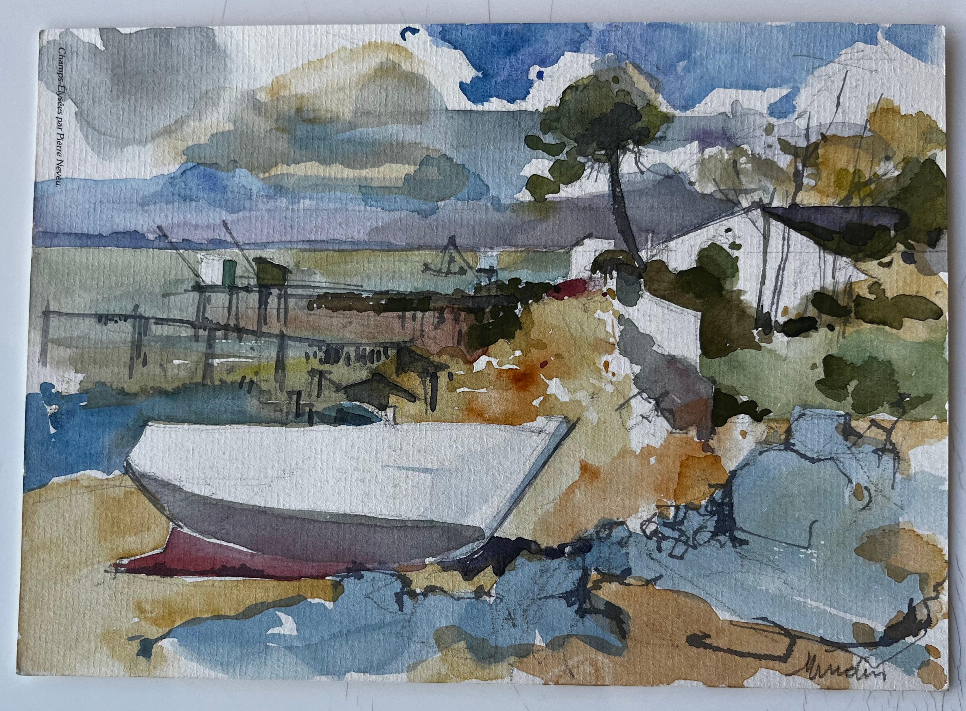 Mindin Scène d'estuaire avec bateau et carrelets Aquarelle côtière française - Painting de Pierre Neveu