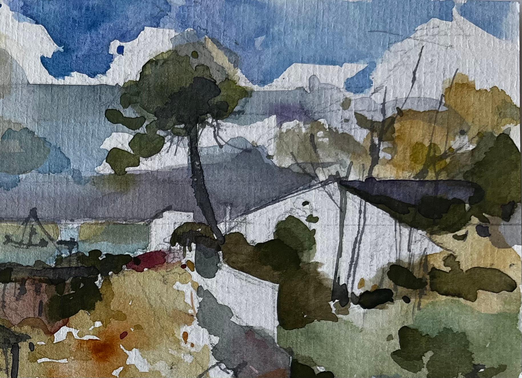 Mindin Scène d'estuaire avec bateau et carrelets Aquarelle côtière française - Post-impressionnisme Painting par Pierre Neveu