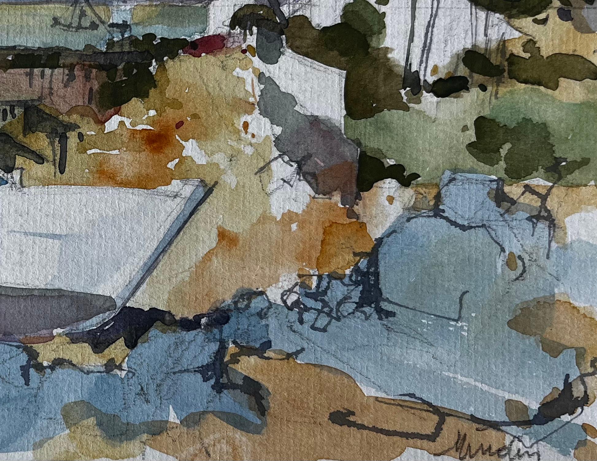 Mindin Scène d'estuaire avec bateau et carrelets Aquarelle côtière française - Gris Landscape Painting par Pierre Neveu