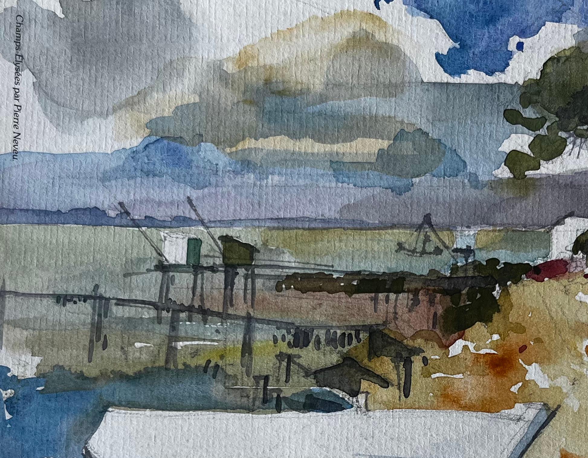 Mindin Scène d'estuaire avec bateau et carrelets Aquarelle côtière française en vente 1