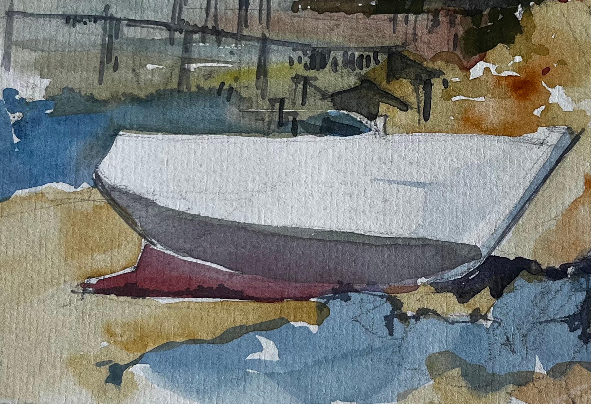 Titre : Scène de l'estuaire de Mindin avec bateau et carrelets Aquarelle côtière française
Artistics : Pierre Neveu (français né en 1929)
Moyen d'expression : Aquarelle sur papier d'artiste, non encadrée
Taille (H x L) : 6,25 x 8,5 pouces
Inscrit en