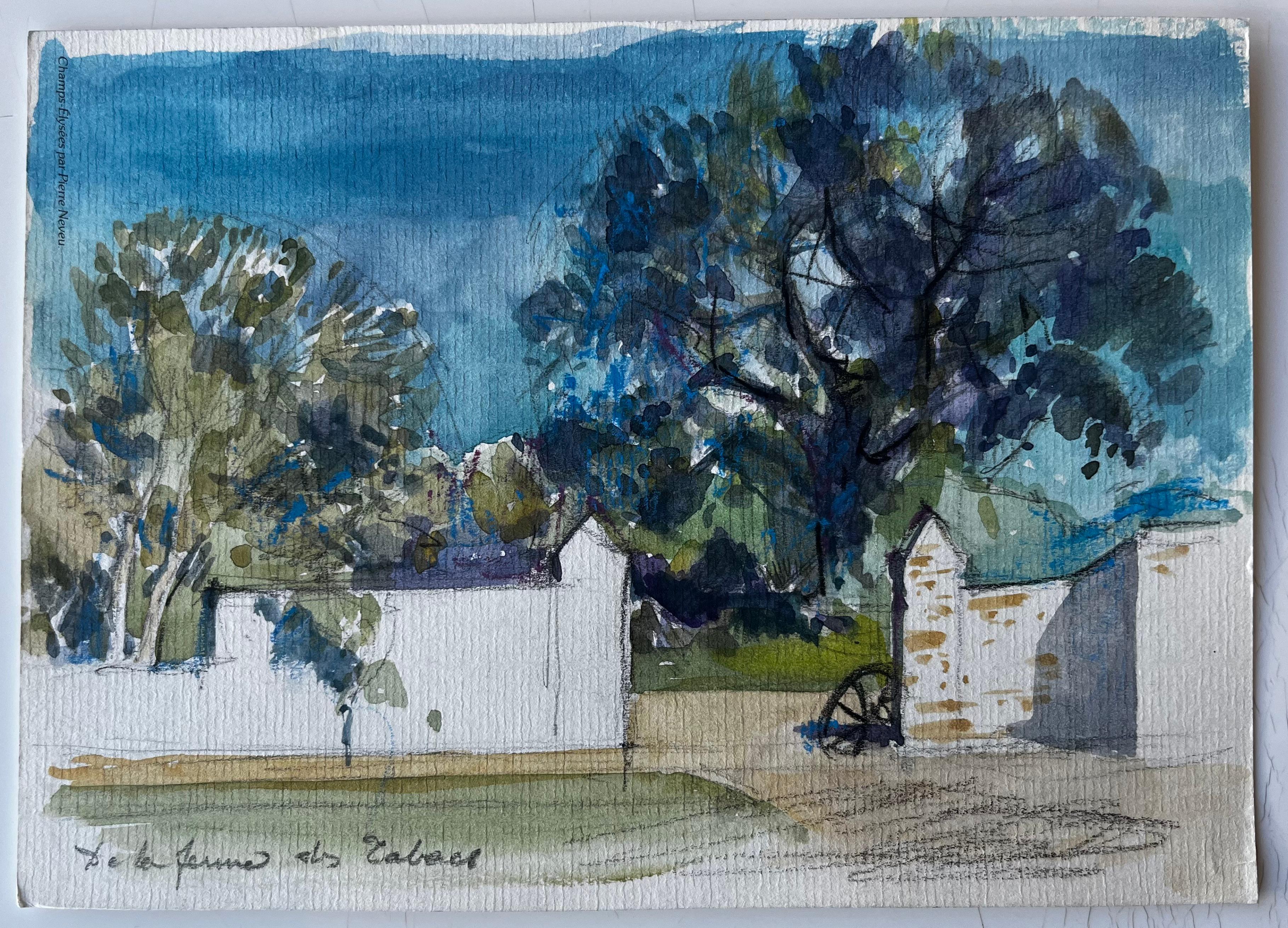 La Ferme des Arbres Paysage rural français Aquarelle de Pierre Neveu en vente 1
