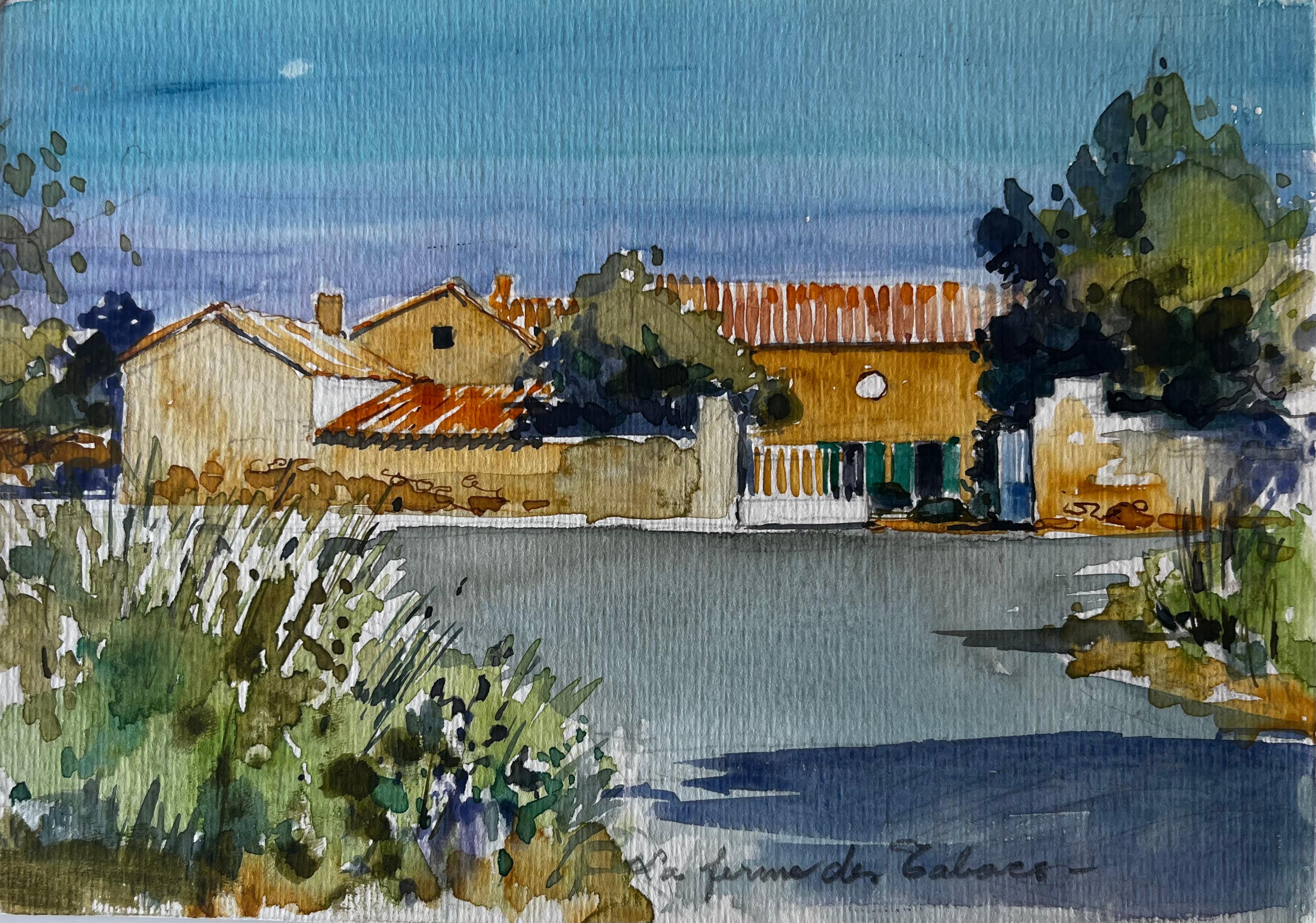 La Ferme des Sables, paesaggio agricolo francese, acquerello di Pierre Neveu