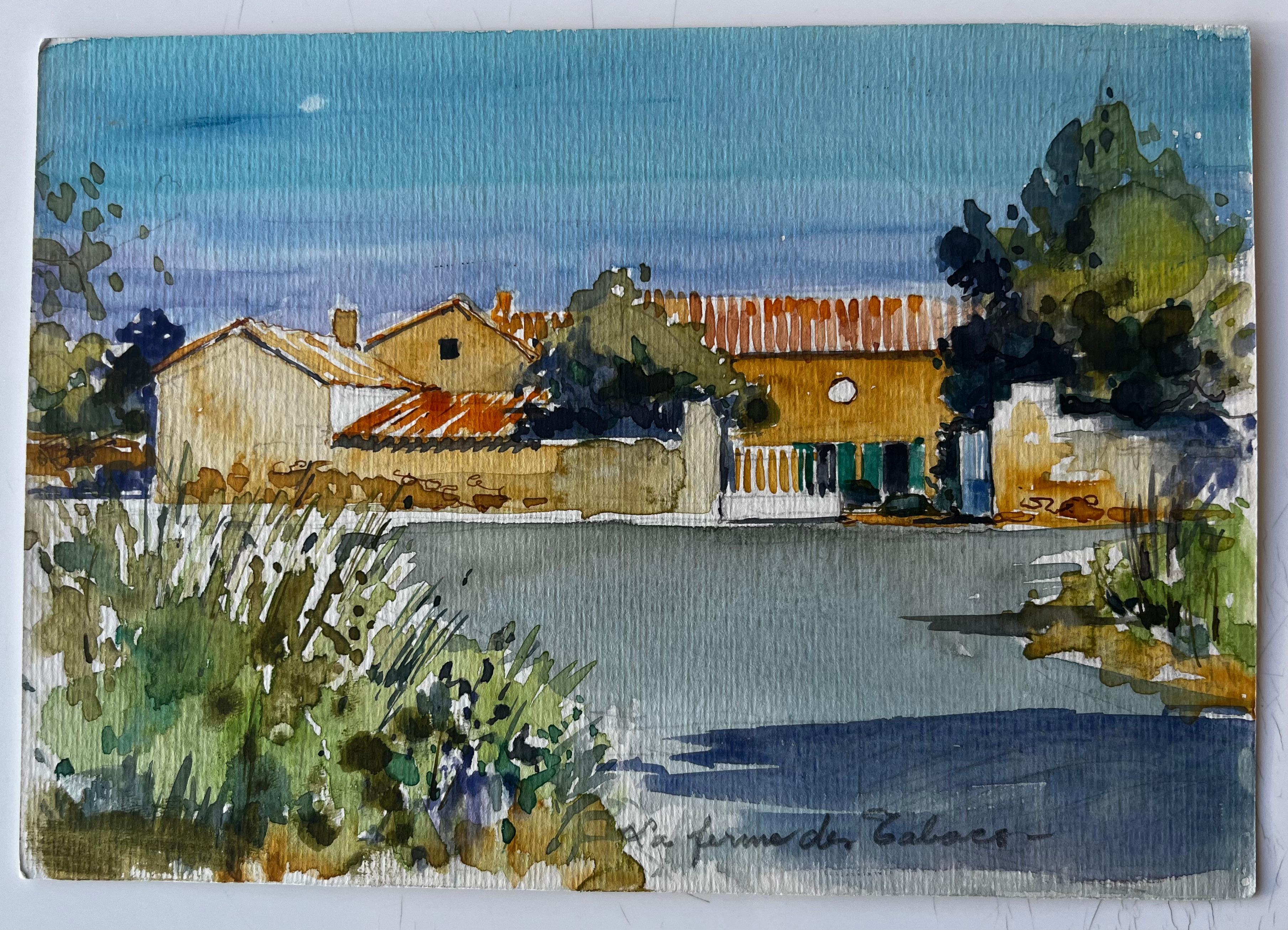 La Ferme des Sables, paesaggio agricolo francese, acquerello di Pierre Neveu in vendita 1