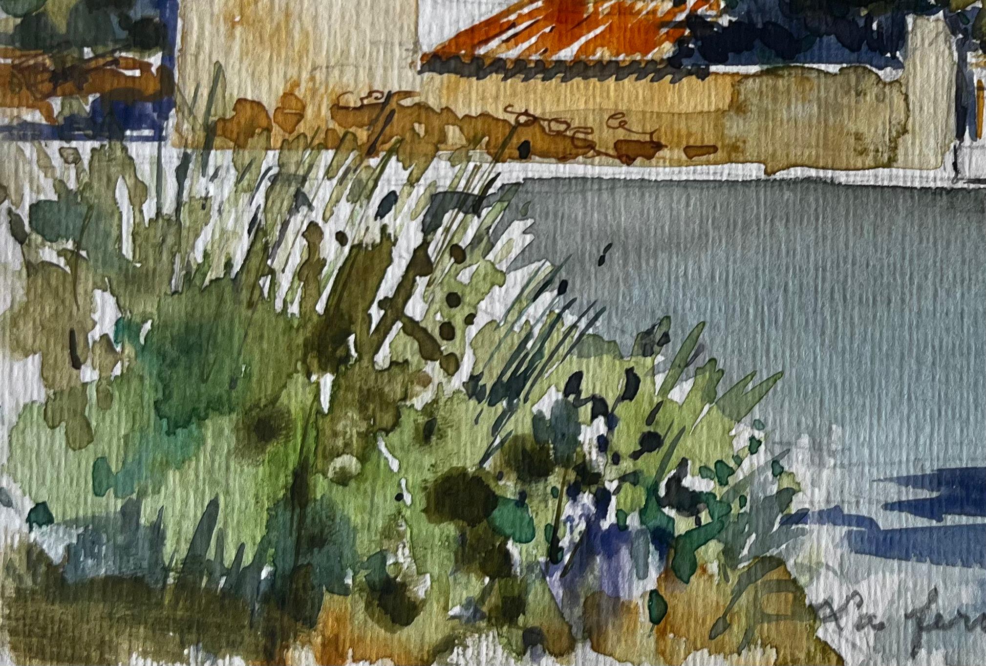 La Ferme des Sables, paesaggio agricolo francese, acquerello di Pierre Neveu in vendita 5