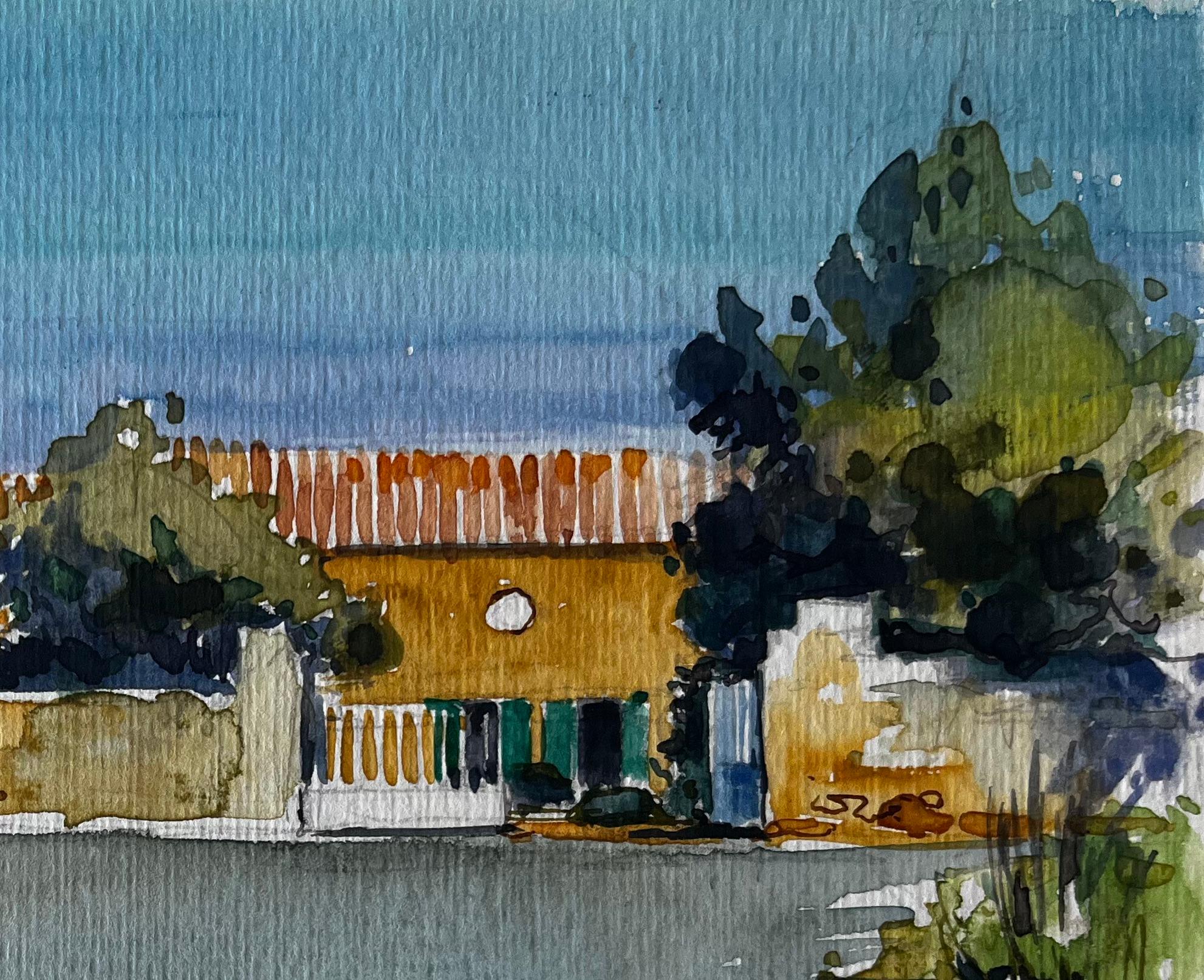 La Ferme des Sables, paesaggio agricolo francese, acquerello di Pierre Neveu in vendita 2