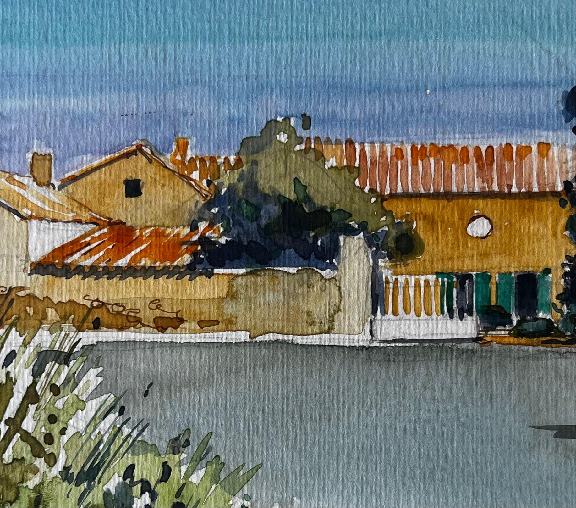 La Ferme des Sables, paesaggio agricolo francese, acquerello di Pierre Neveu in vendita 6