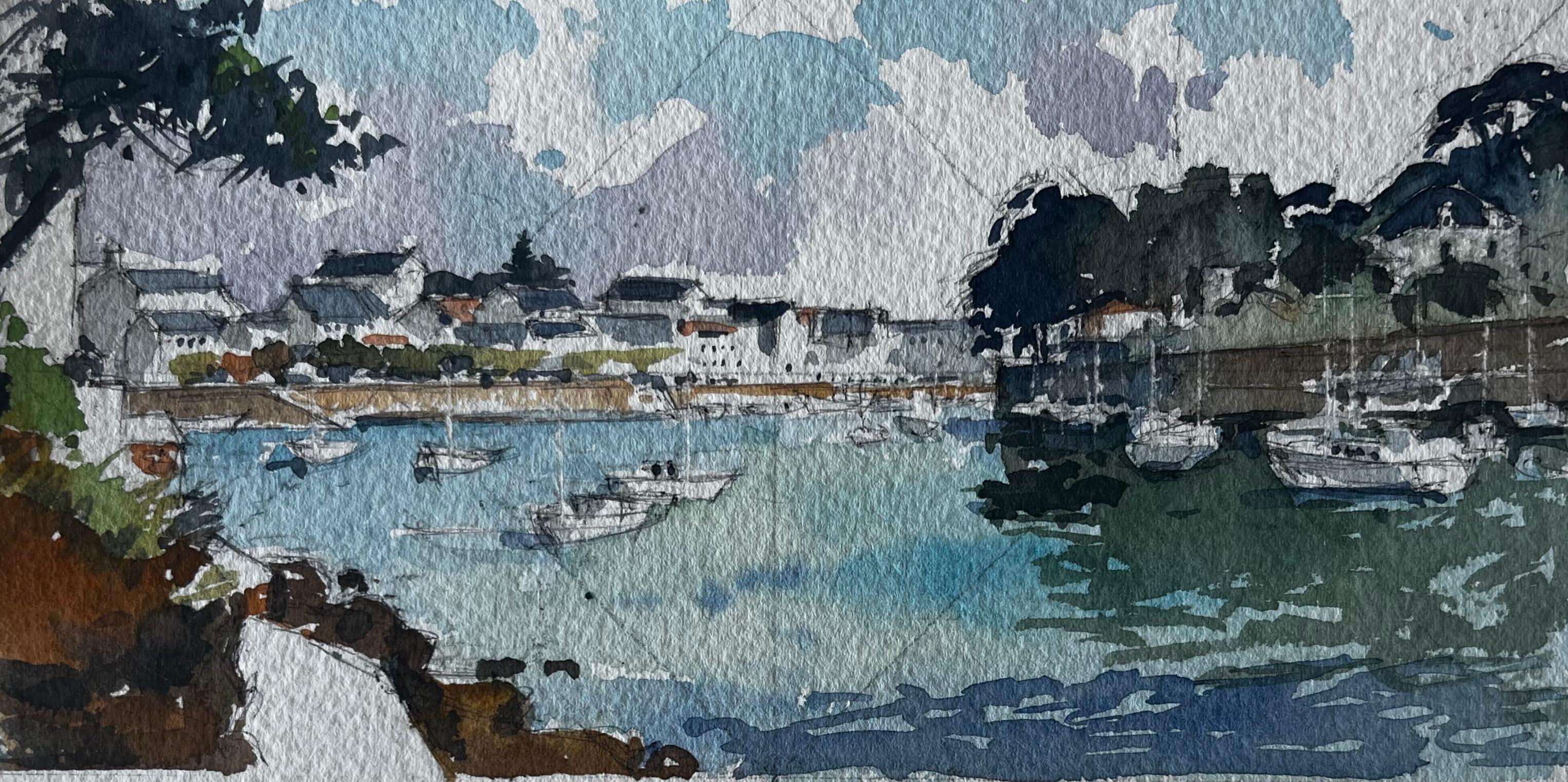 Aquarelle de Pierre Neveu - Scène portuaire en Bretagne - Paysage marin côtier