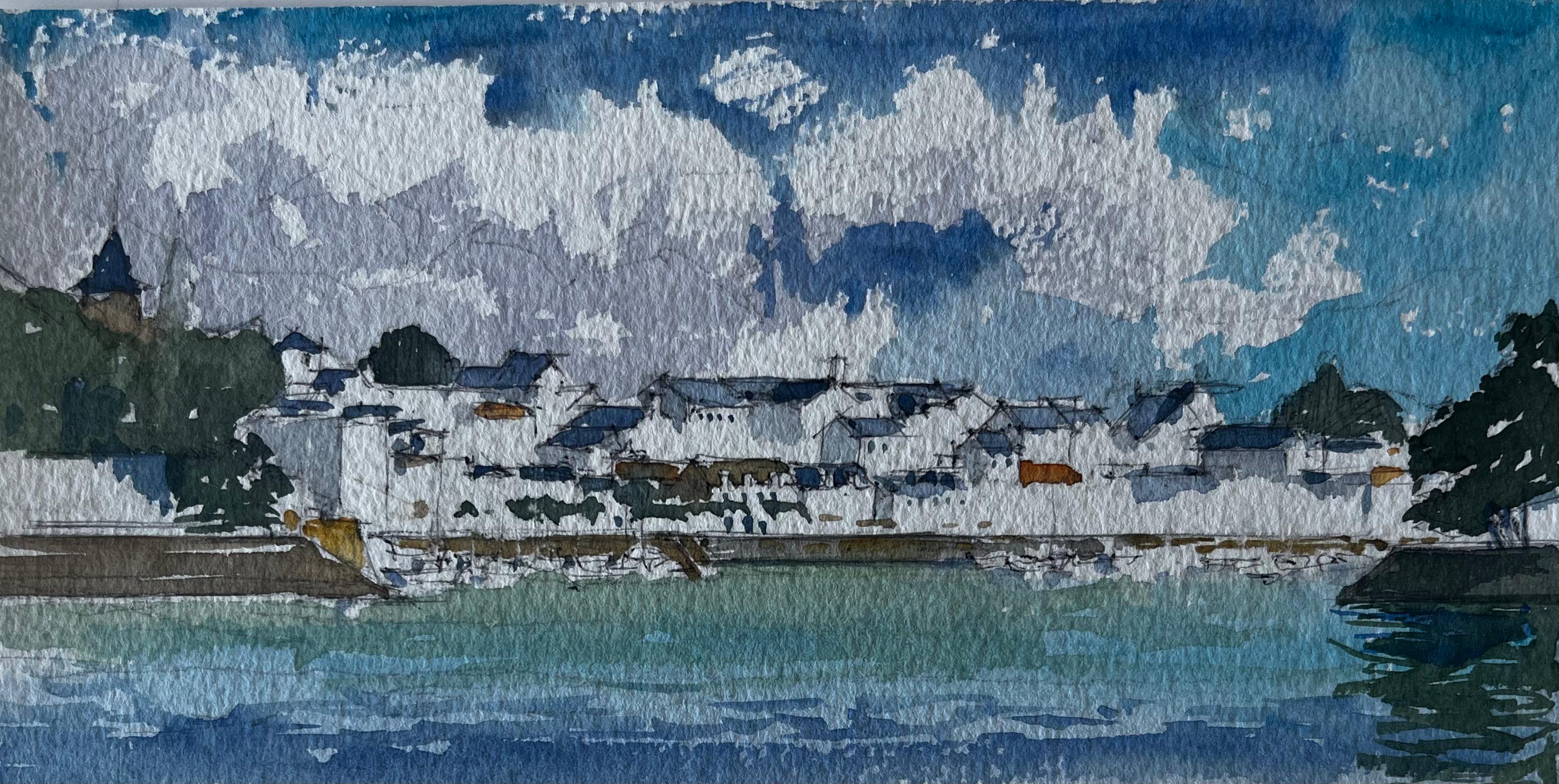 Vue du port de Bretagne, aquarelle côtière, paysage marin par Pierre Neveu