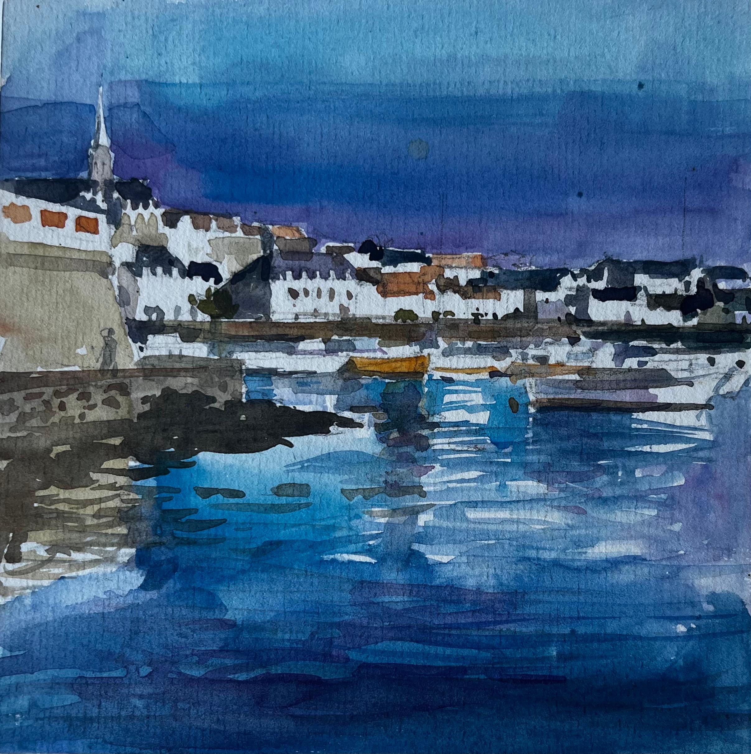 Scène de port en soirée Côte bretonne Aquarelle Paysage marin par Pierre Neveu