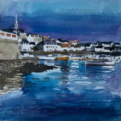 Scena di porto serale Costa della Bretagna Acquerello di Pierre Neveu