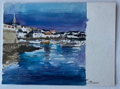 Evening Harbour Scene Brittany Coast Watercolour Seascape by Pierre Neveu