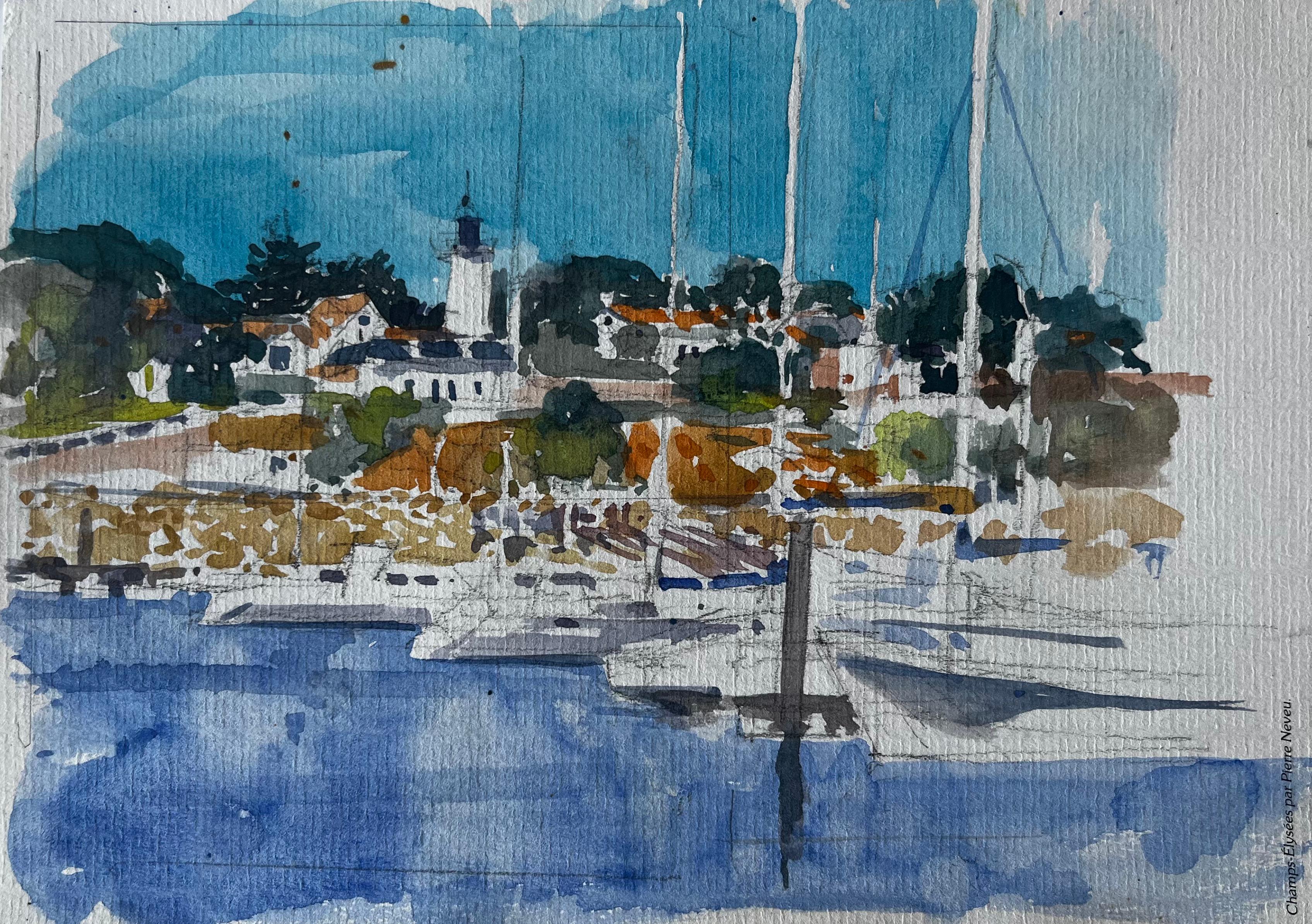 Titre : Phare français Scène portuaire Côte bretonne Aquarelle de Pierre Neveu
Artistics : Pierre Neveu (français né en 1929)
Moyen d
expression : Aquarelle sur papier d
artiste, non encadrée
Taille (H x L) : 6 x 8.5 pouces
Condit : Bon dans