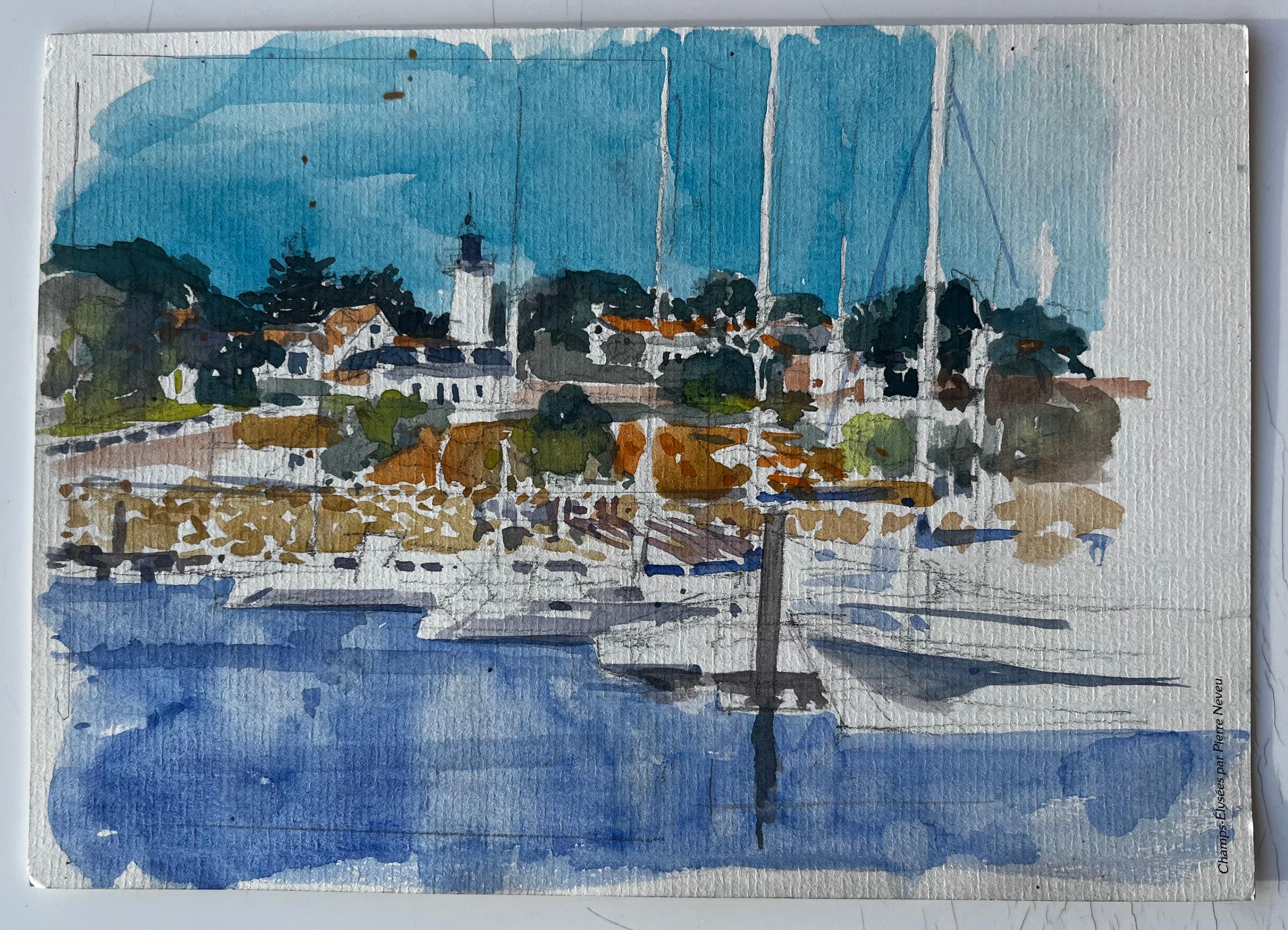 Phare français Scène portuaire Côte bretonne Aquarelle de Pierre Neveu en vente 1