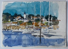 Französischer Leuchtturm Hafenszene Bretagne Küste Aquarell von Pierre Neveu