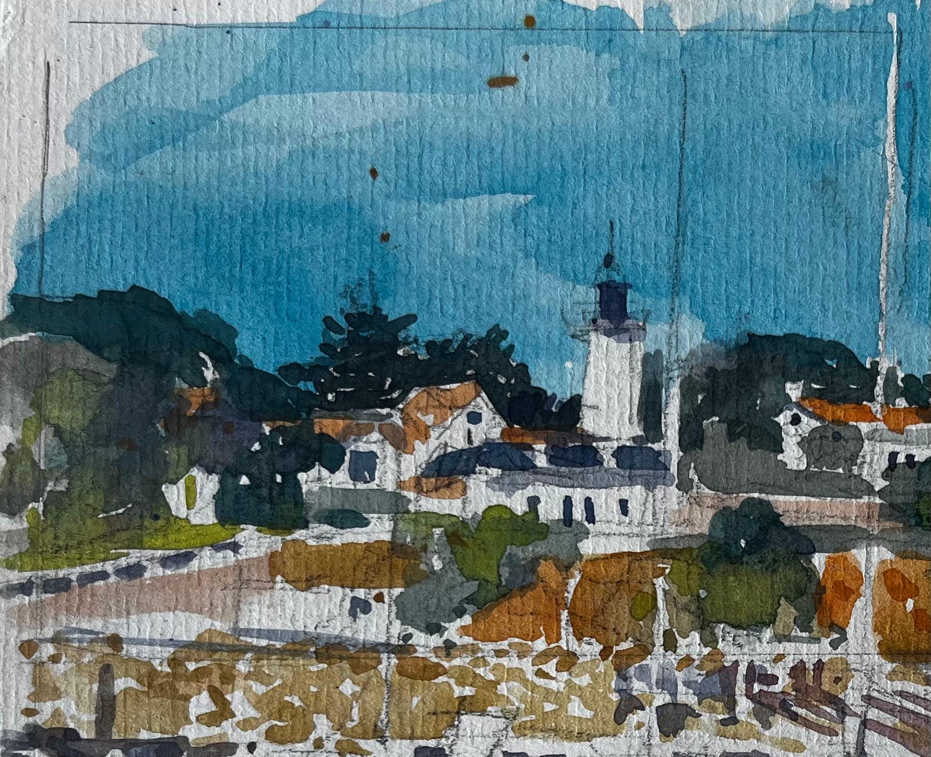 Phare français Scène portuaire Côte bretonne Aquarelle de Pierre Neveu en vente 2