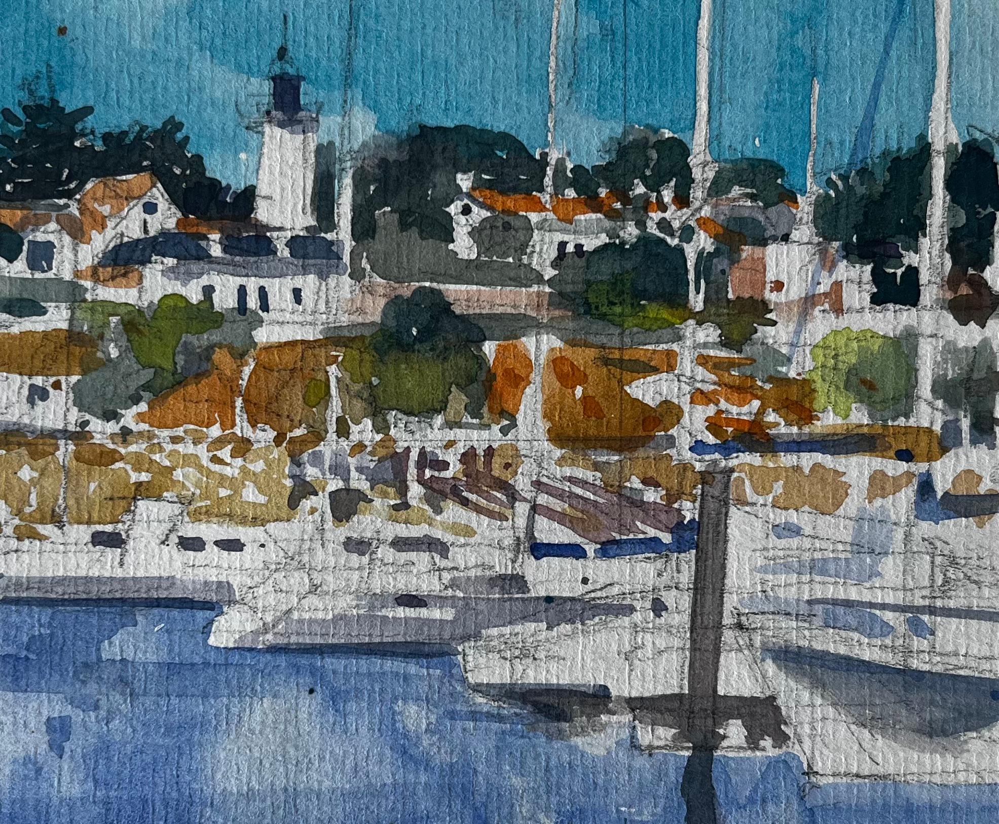 Phare français Scène portuaire Côte bretonne Aquarelle de Pierre Neveu en vente 6