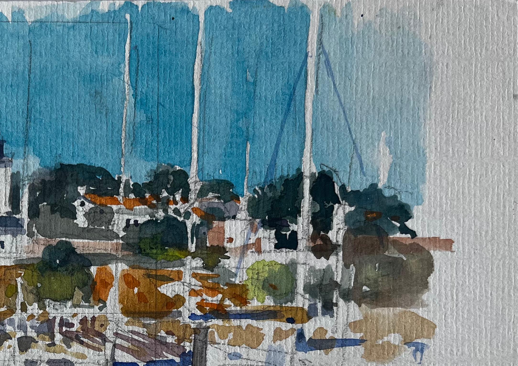 Phare français Scène portuaire Côte bretonne Aquarelle de Pierre Neveu en vente 3