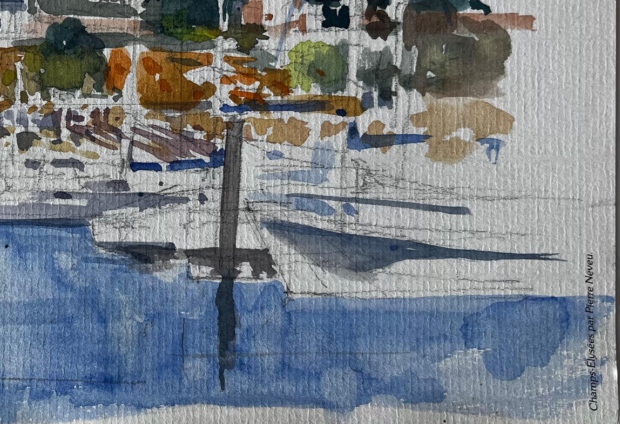 Phare français Scène portuaire Côte bretonne Aquarelle de Pierre Neveu en vente 4