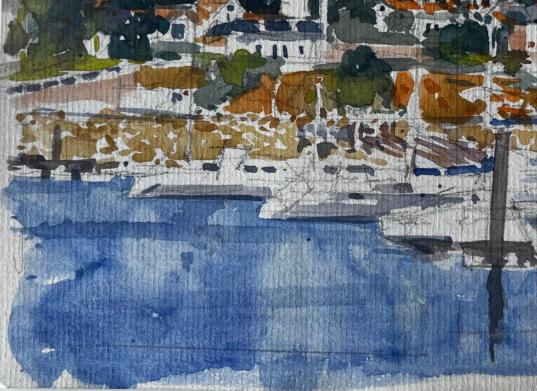 Phare français Scène portuaire Côte bretonne Aquarelle de Pierre Neveu en vente 5