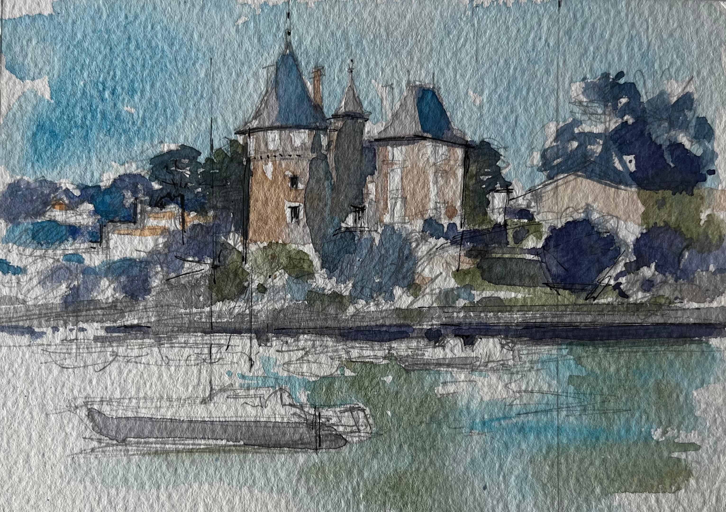 Château français et scène fluviale Paysage aquarellé de Pierre Neveu