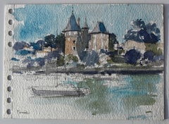 French Château and River Scene Watercolour Landscape by Pierre Neveu