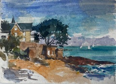 Villa costiera francese e vista sul mare Costa della Bretagna Acquerello di Pierre Neveu
