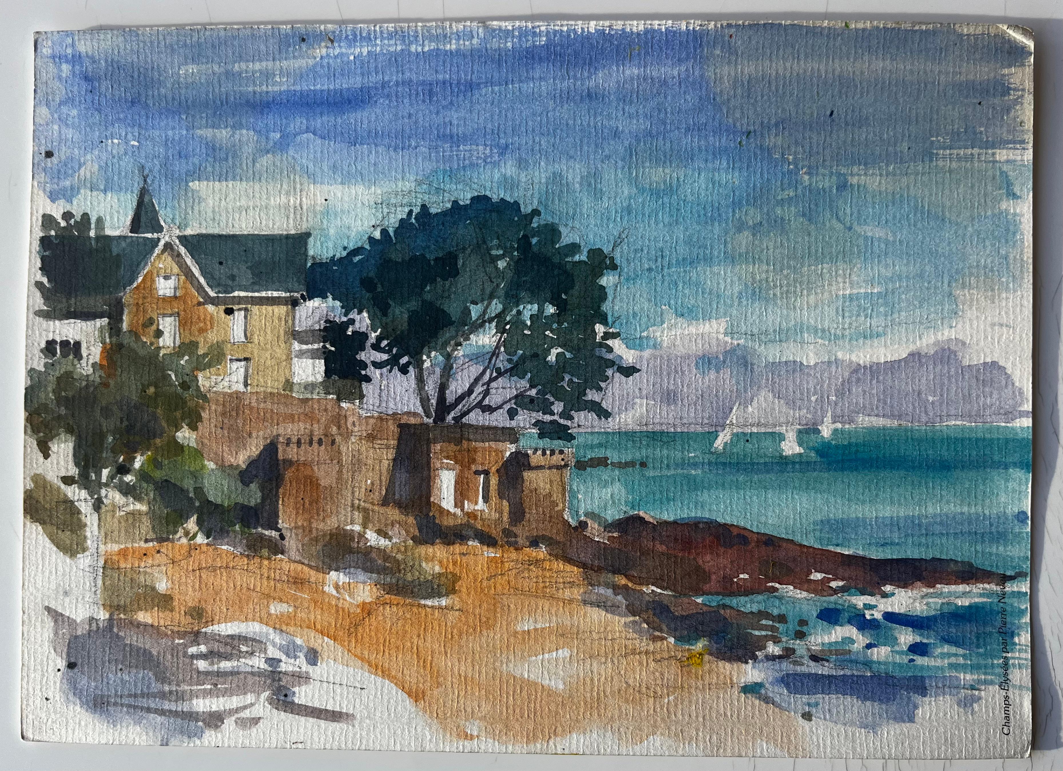 Villa côtière française et vue sur la mer Côte bretonne Aquarelle de Pierre Neveu en vente 1