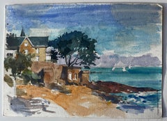 French Coastal Villa and Sea View Brittany Coast Watercolour by Pierre Neveu