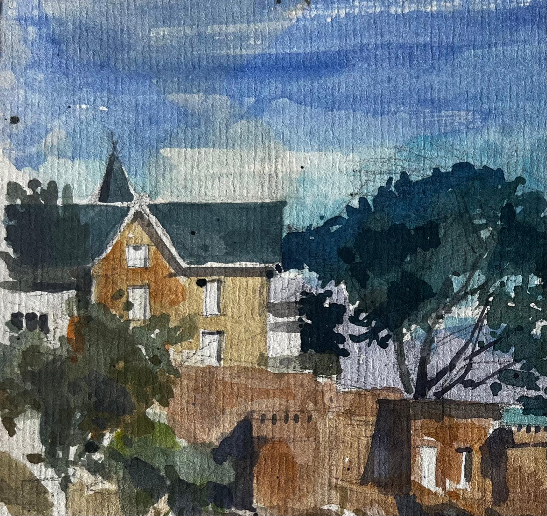 Villa côtière française et vue sur la mer Côte bretonne Aquarelle de Pierre Neveu en vente 2