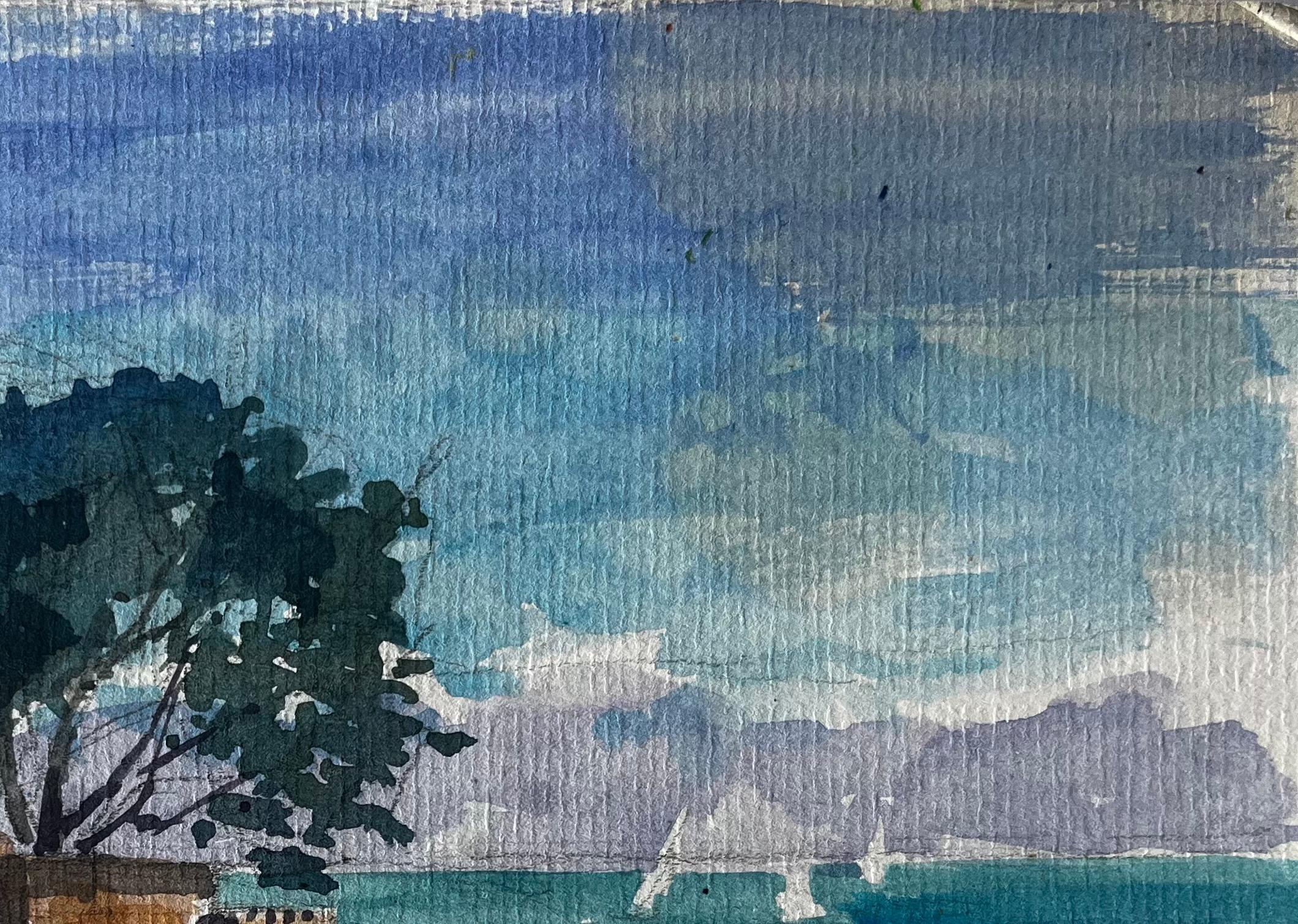 Villa côtière française et vue sur la mer Côte bretonne Aquarelle de Pierre Neveu en vente 5