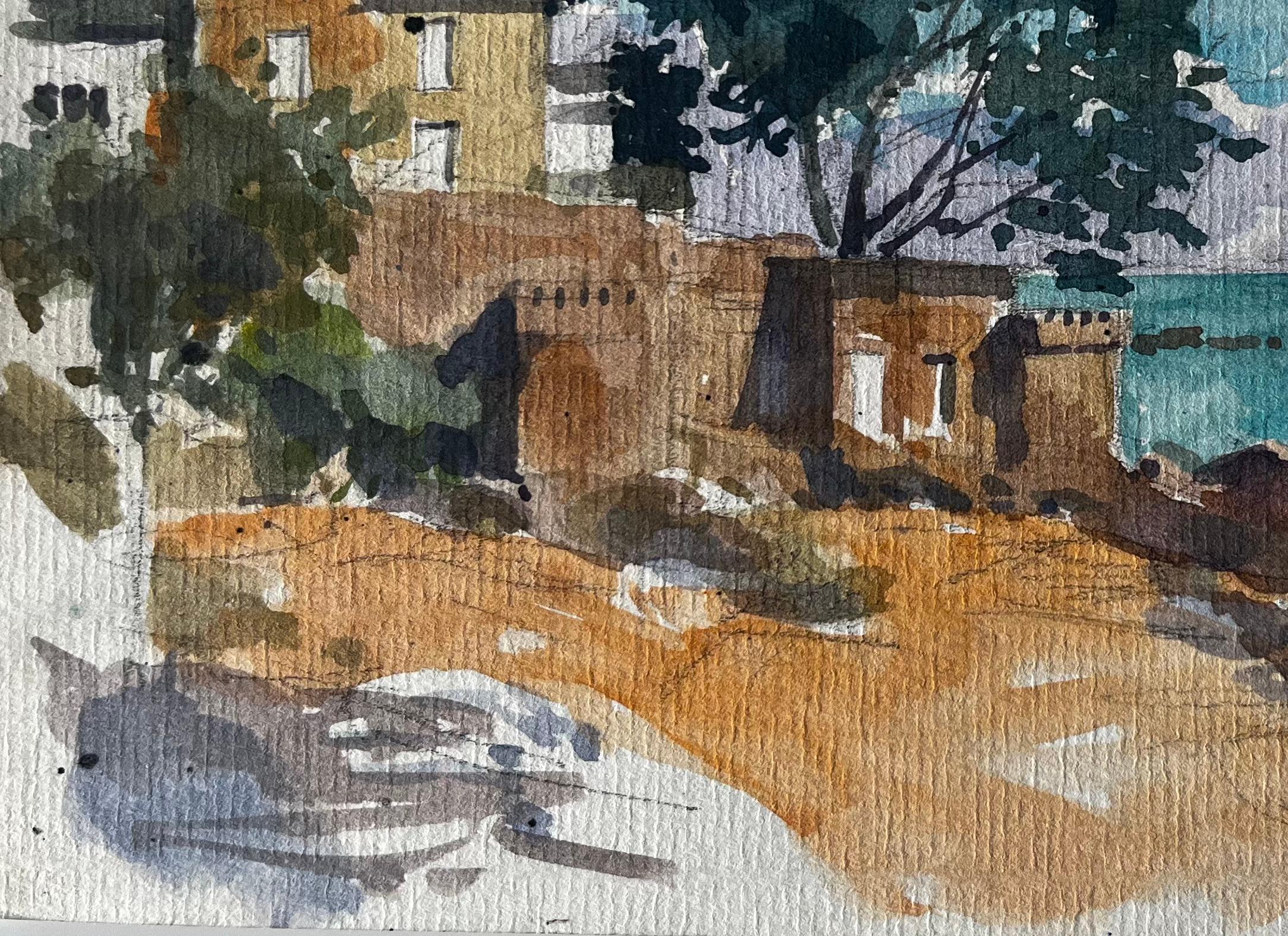 Villa côtière française et vue sur la mer Côte bretonne Aquarelle de Pierre Neveu en vente 3