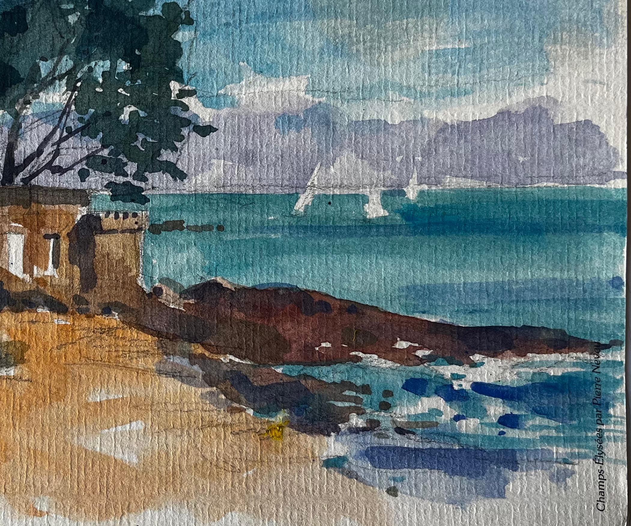 Villa côtière française et vue sur la mer Côte bretonne Aquarelle de Pierre Neveu en vente 4