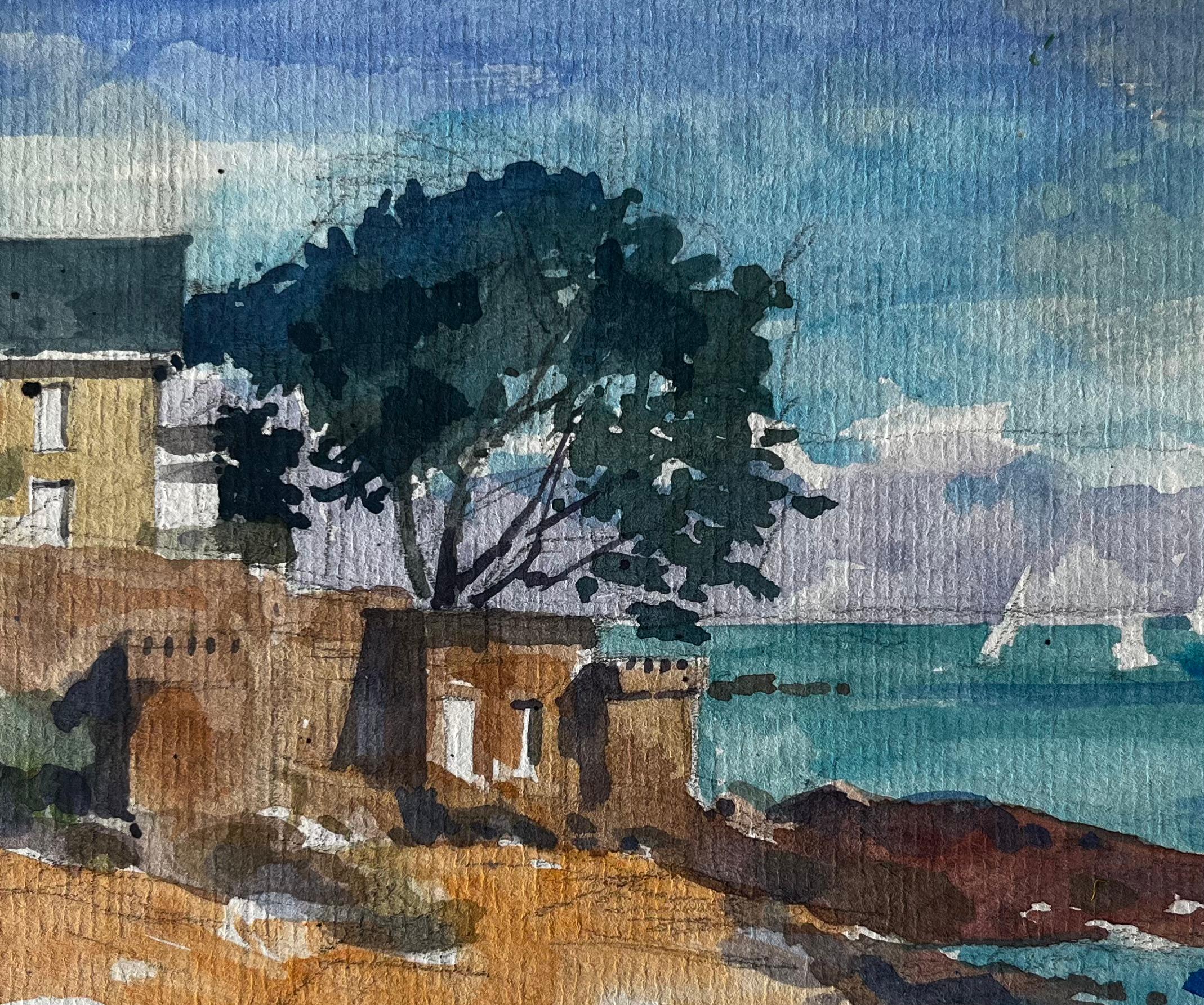 Villa côtière française et vue sur la mer Côte bretonne Aquarelle de Pierre Neveu en vente 6