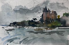 Castello francese vicino all'acqua Studio atmosferico Acquerello di Pierre Neveu