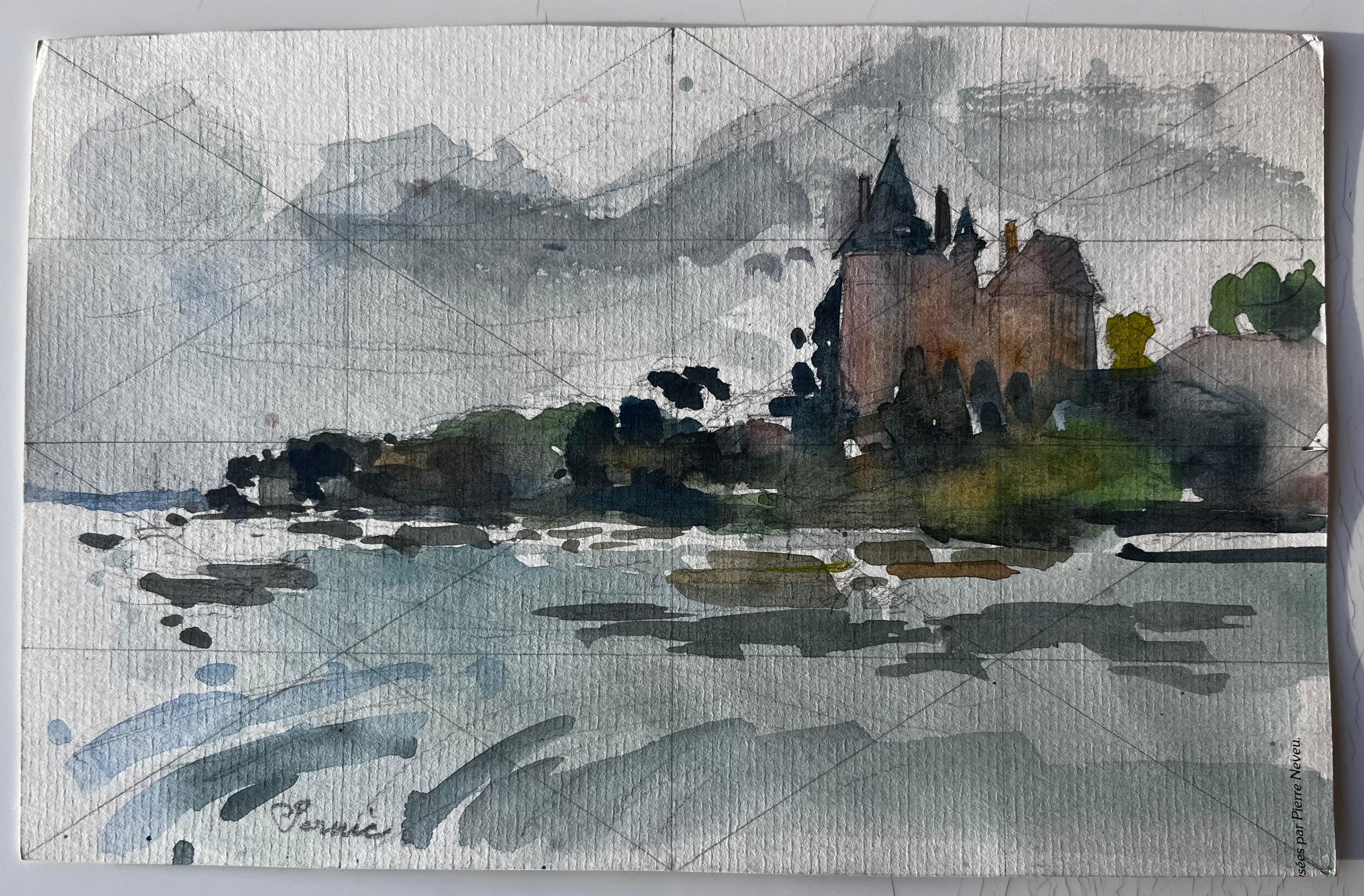 Château français au bord de l'eau Etude d'atmosphère Aquarelle de Pierre Neveu en vente 1